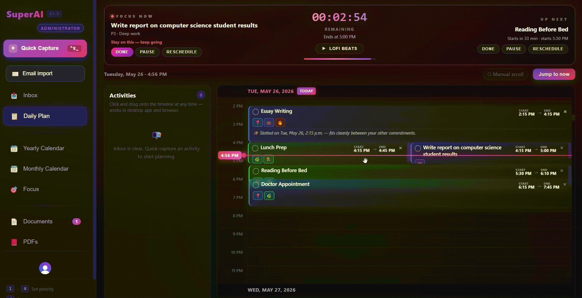 Yearly heatmap · Monthly grid · Daily timeline